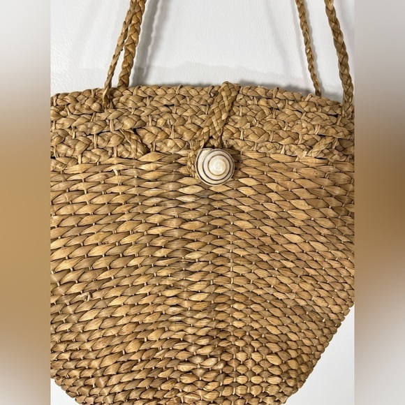 VINTAGE Straw Banana Leaf Purse Hand Bag with Seashell Closure Boho Beach Style - Picture 2 of 6